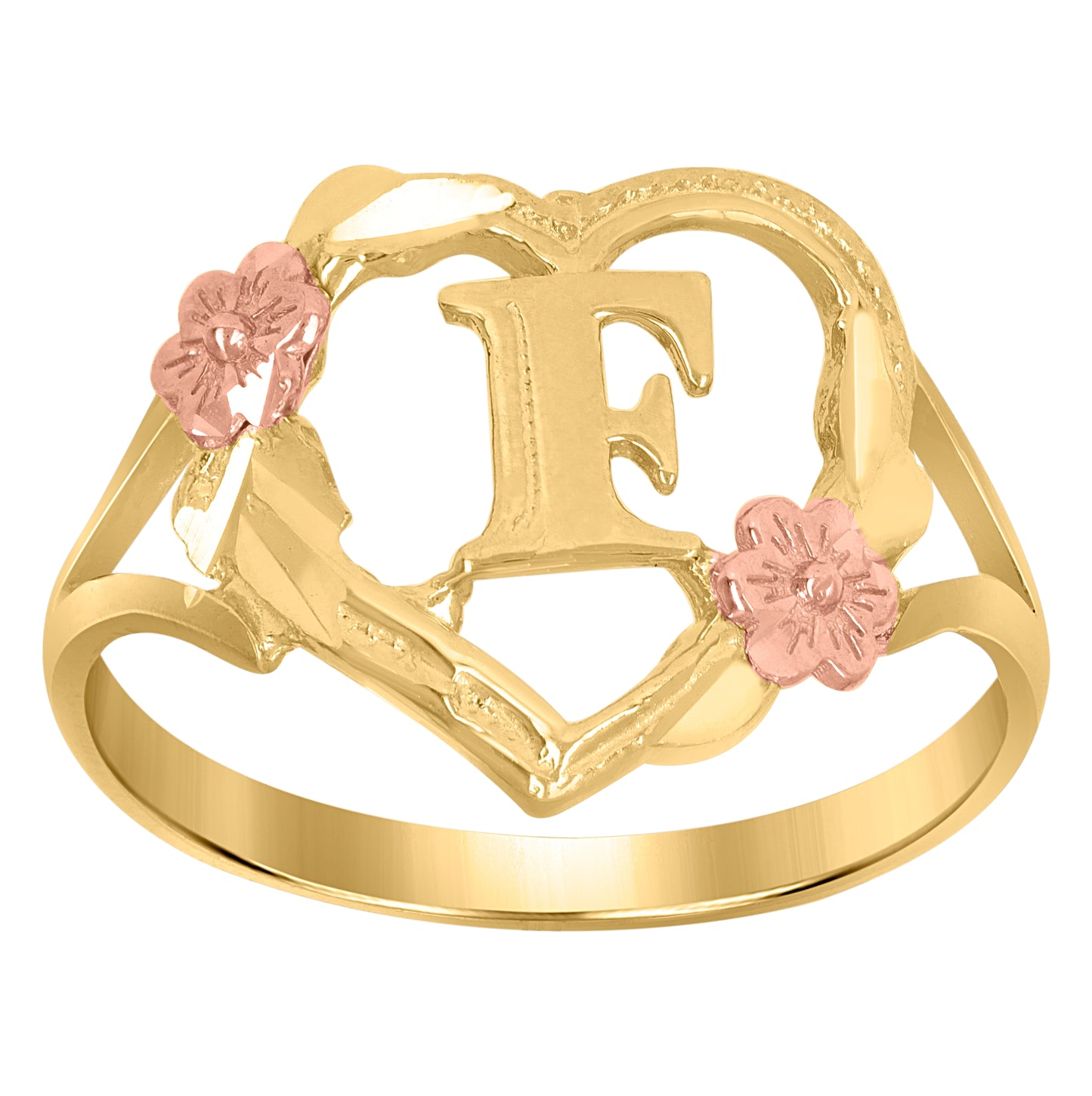 10K Two-Tone Gold Womens Diamond Cut Textured Initial Letter Heart Bridal Anniversary Engagement Wedding Band Ring