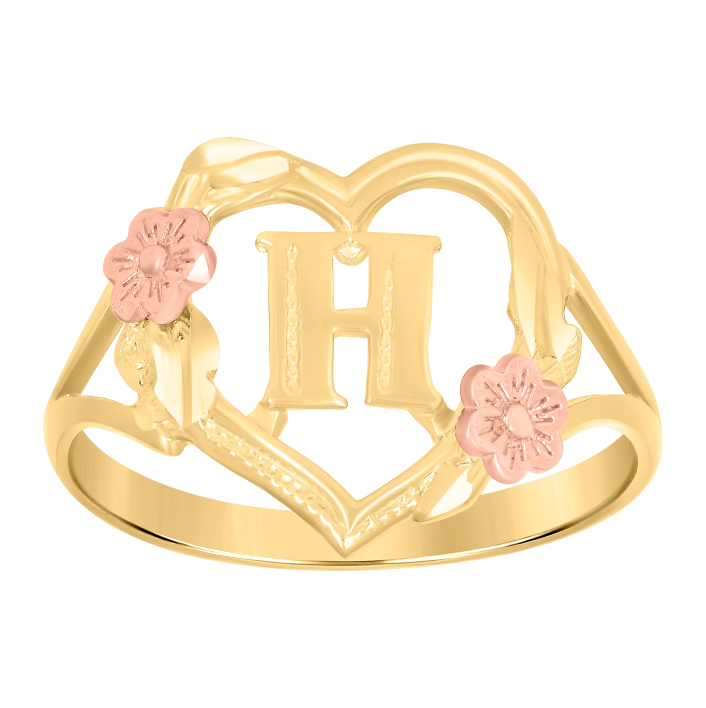10K Two-Tone Gold Womens Diamond Cut Textured Initial Letter Heart Bridal Anniversary Engagement Wedding Band Ring