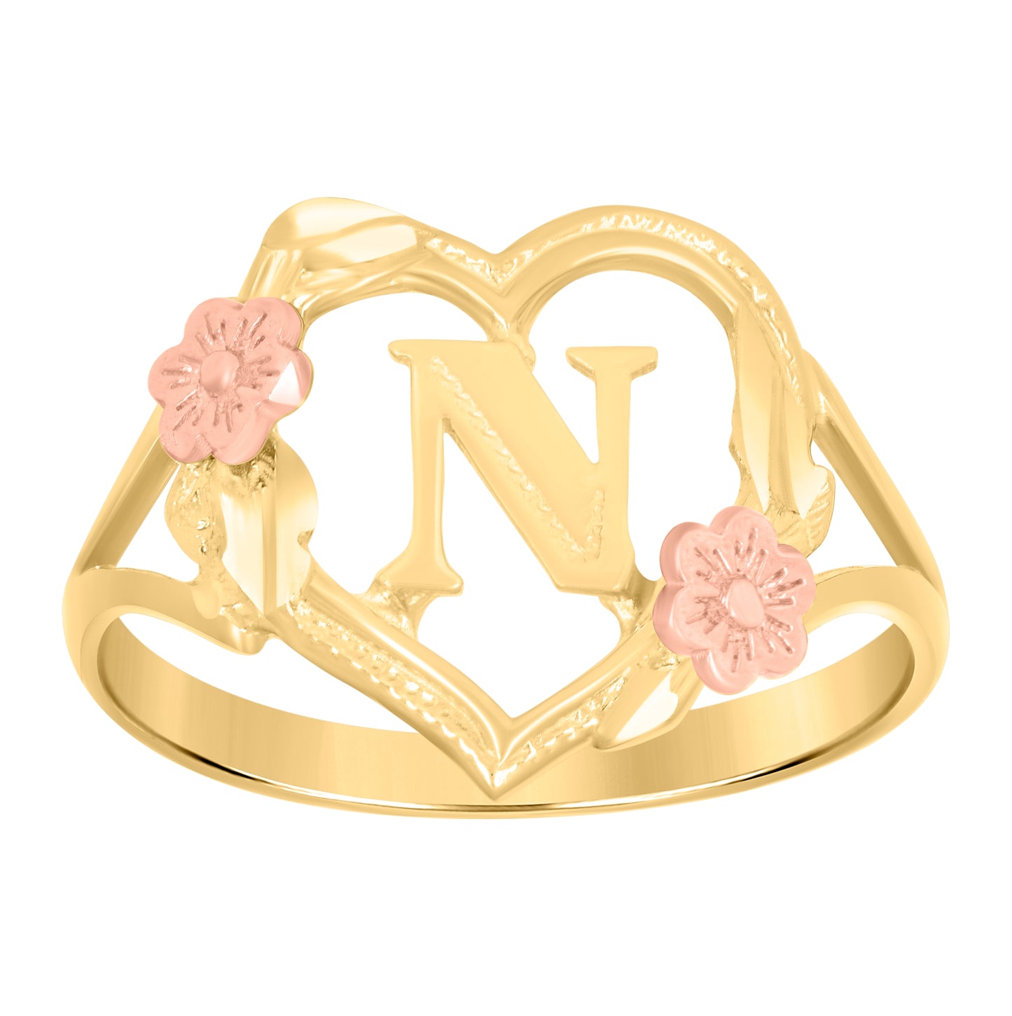10K Two-Tone Gold Womens Diamond Cut Textured Initial Letter Heart Bridal Anniversary Engagement Wedding Band Ring