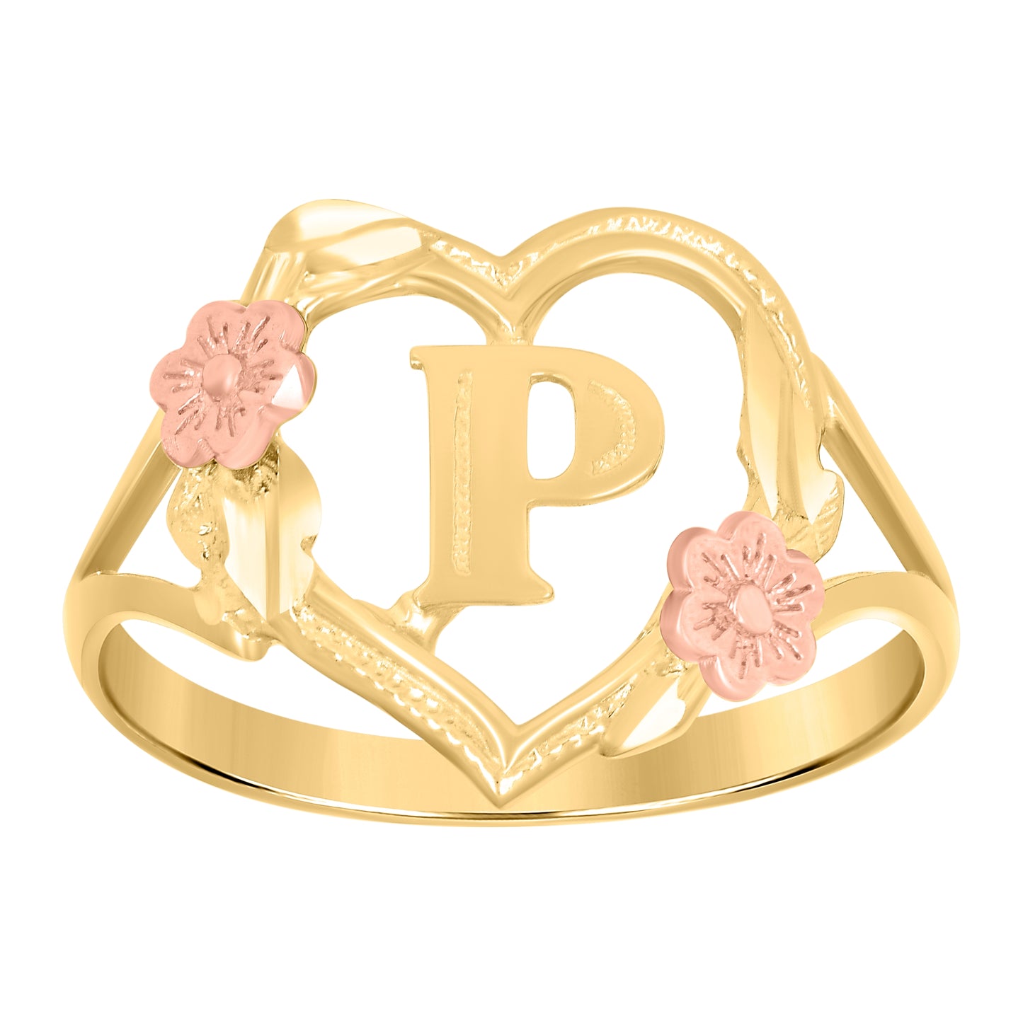 10K Two-Tone Gold Womens Diamond Cut Textured Initial Letter Heart Bridal Anniversary Engagement Wedding Band Ring