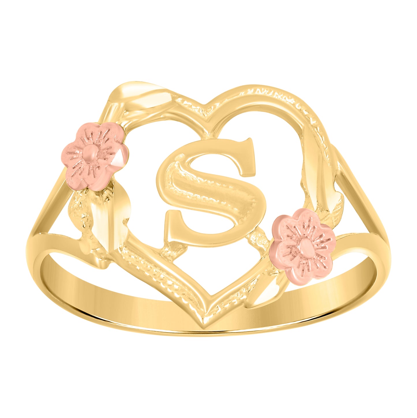 10K Two-Tone Gold Womens Diamond Cut Textured Initial Letter Heart Bridal Anniversary Engagement Wedding Band Ring