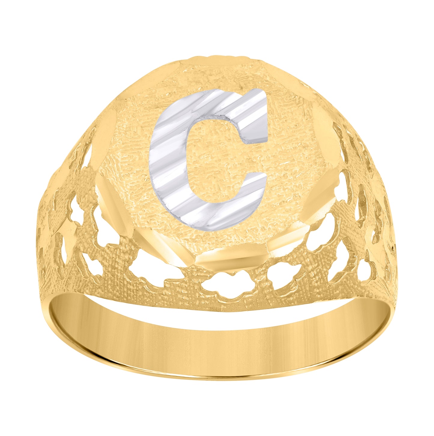 10K Two-Tone Gold Mens Diamond-Cut Textured Initial Letter Band Ring