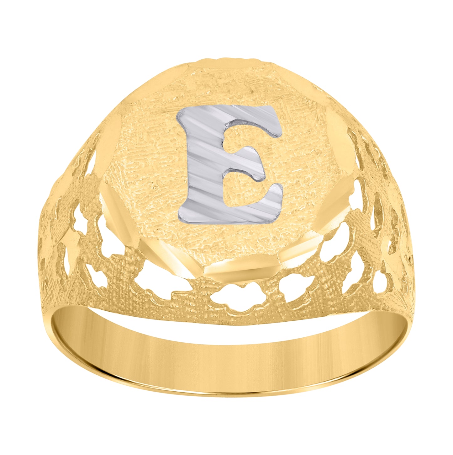 10K Two-Tone Gold Mens Diamond-Cut Textured Initial Letter Band Ring