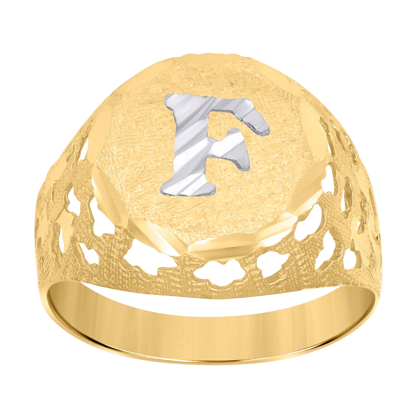 10K Two-Tone Gold Mens Diamond-Cut Textured Initial Letter Band Ring