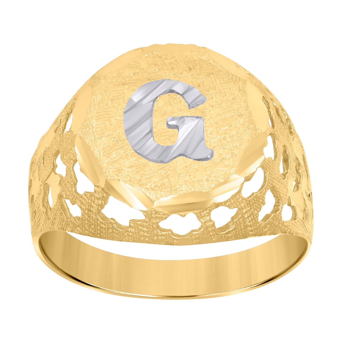 10K Two-Tone Gold Mens Diamond-Cut Textured Initial Letter Band Ring