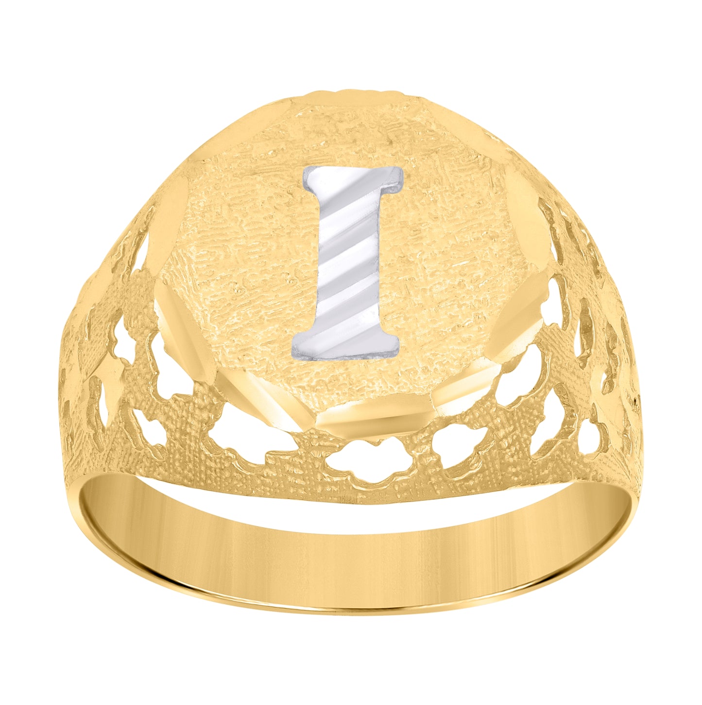 10K Two-Tone Gold Mens Diamond-Cut Textured Initial Letter Band Ring