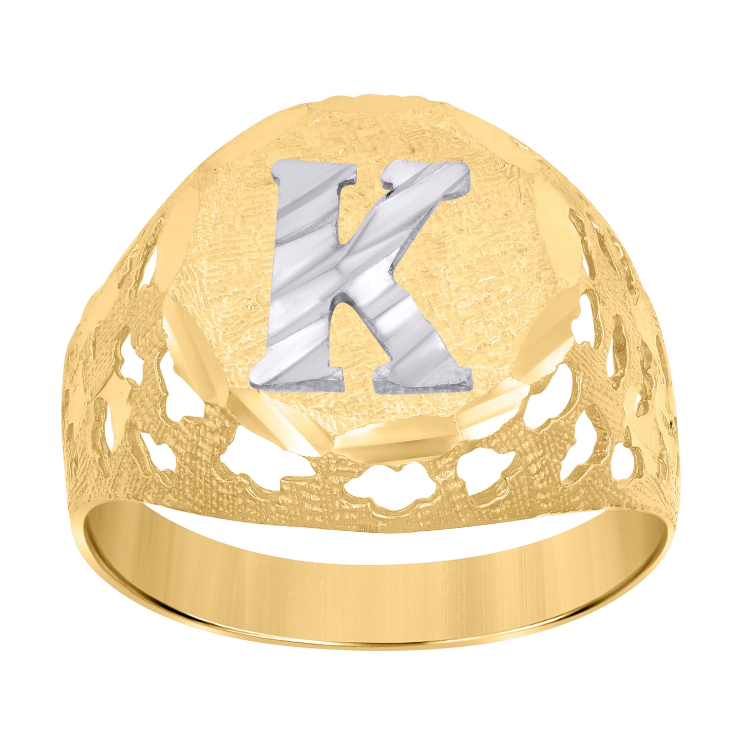 10K Two-Tone Gold Mens Diamond-Cut Textured Initial Letter Band Ring