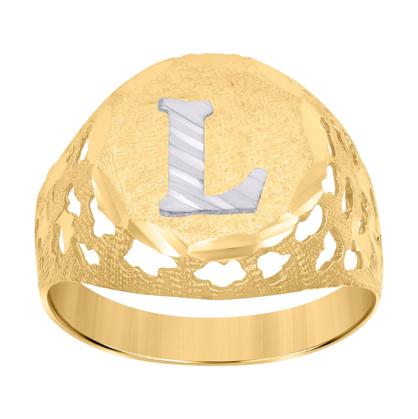 10K Two-Tone Gold Mens Diamond-Cut Textured Initial Letter Band Ring