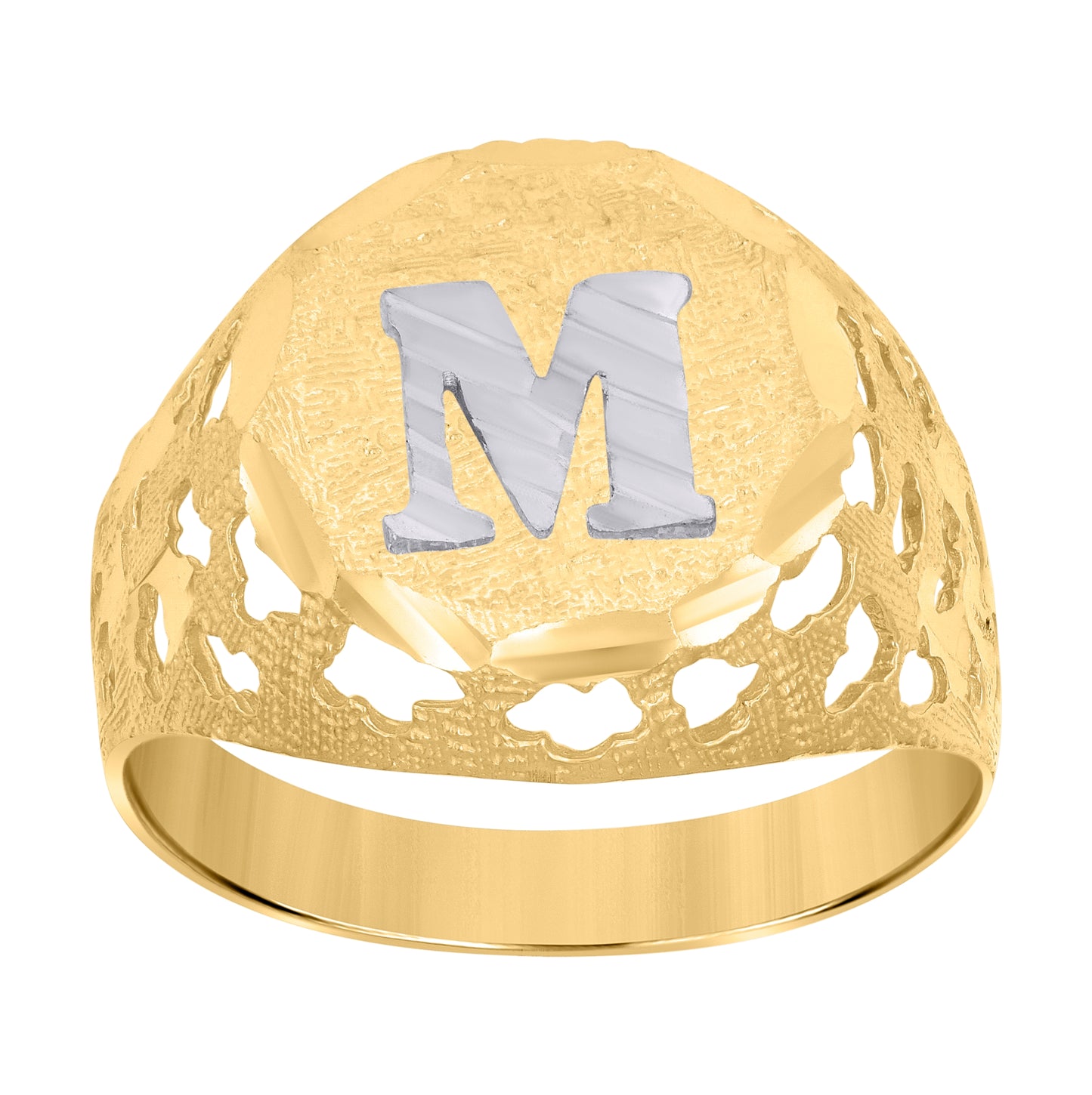 10K Two-Tone Gold Mens Diamond-Cut Textured Initial Letter Band Ring