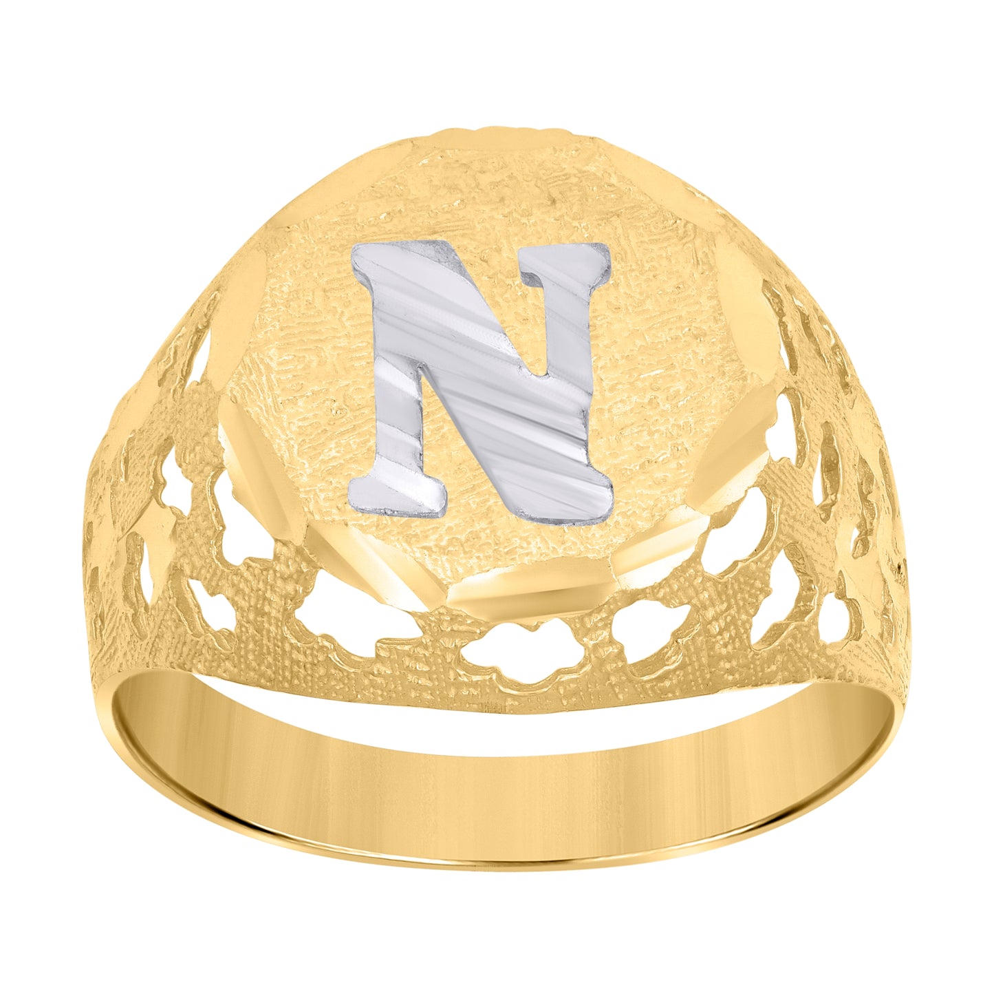 10K Two-Tone Gold Mens Diamond-Cut Textured Initial Letter Band Ring