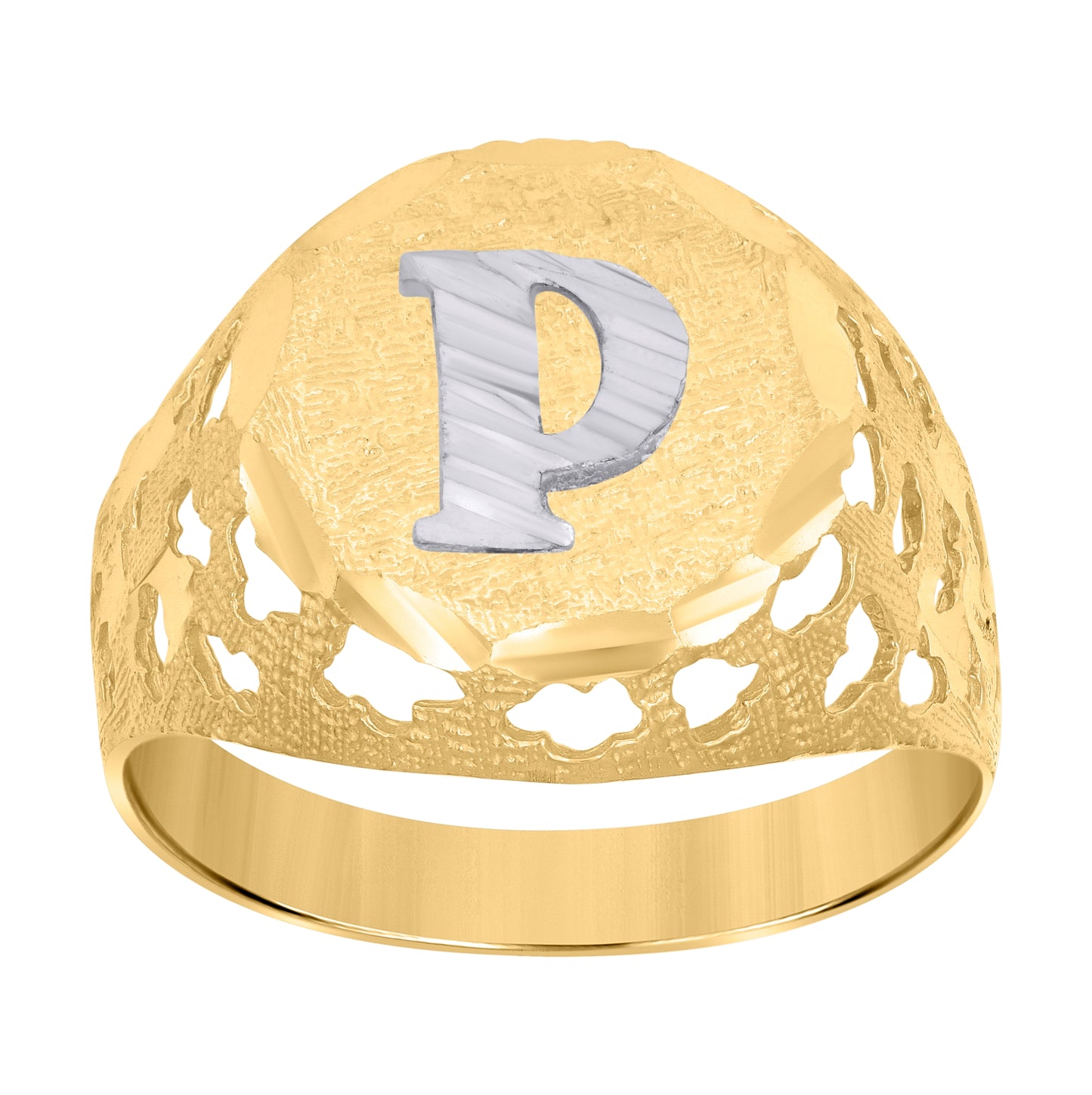 10K Two-Tone Gold Mens Diamond-Cut Textured Initial Letter Band Ring