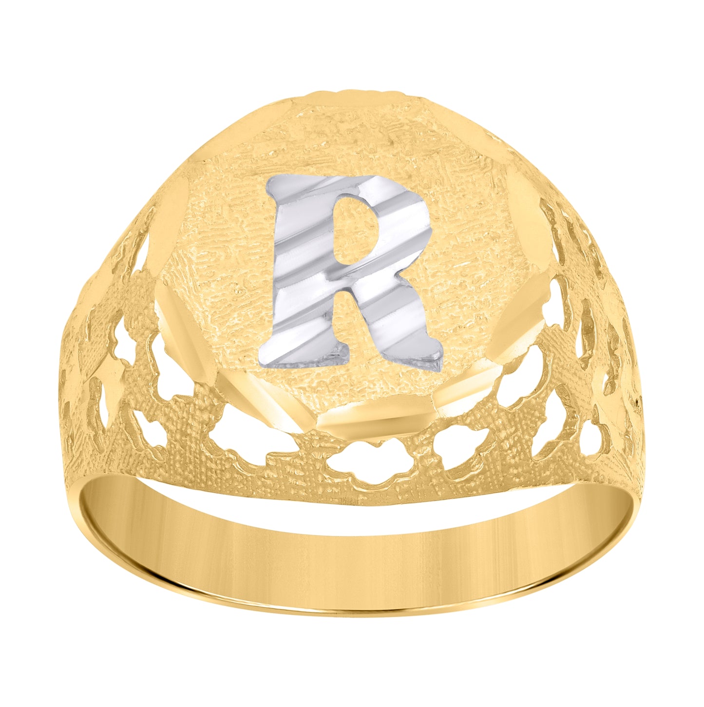 10K Two-Tone Gold Mens Diamond-Cut Textured Initial Letter Band Ring