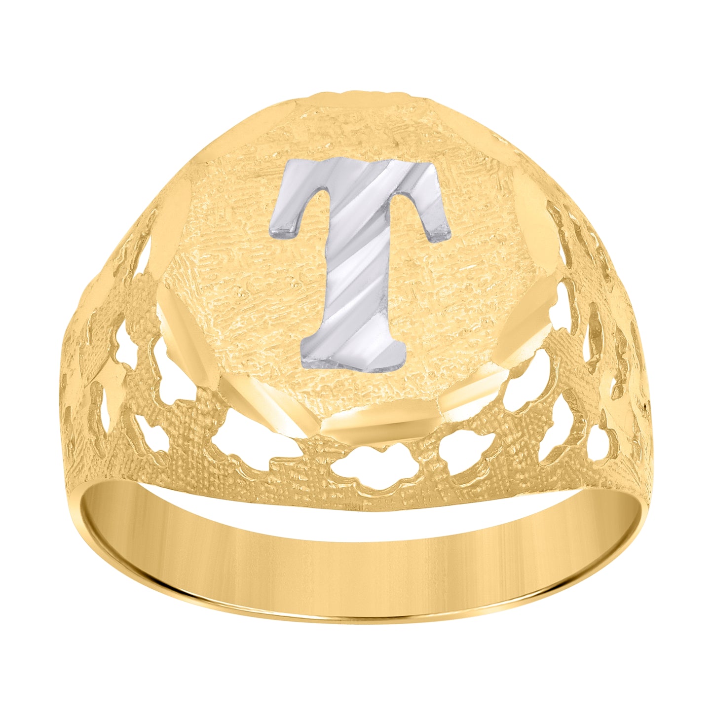 10K Two-Tone Gold Mens Diamond-Cut Textured Initial Letter Band Ring