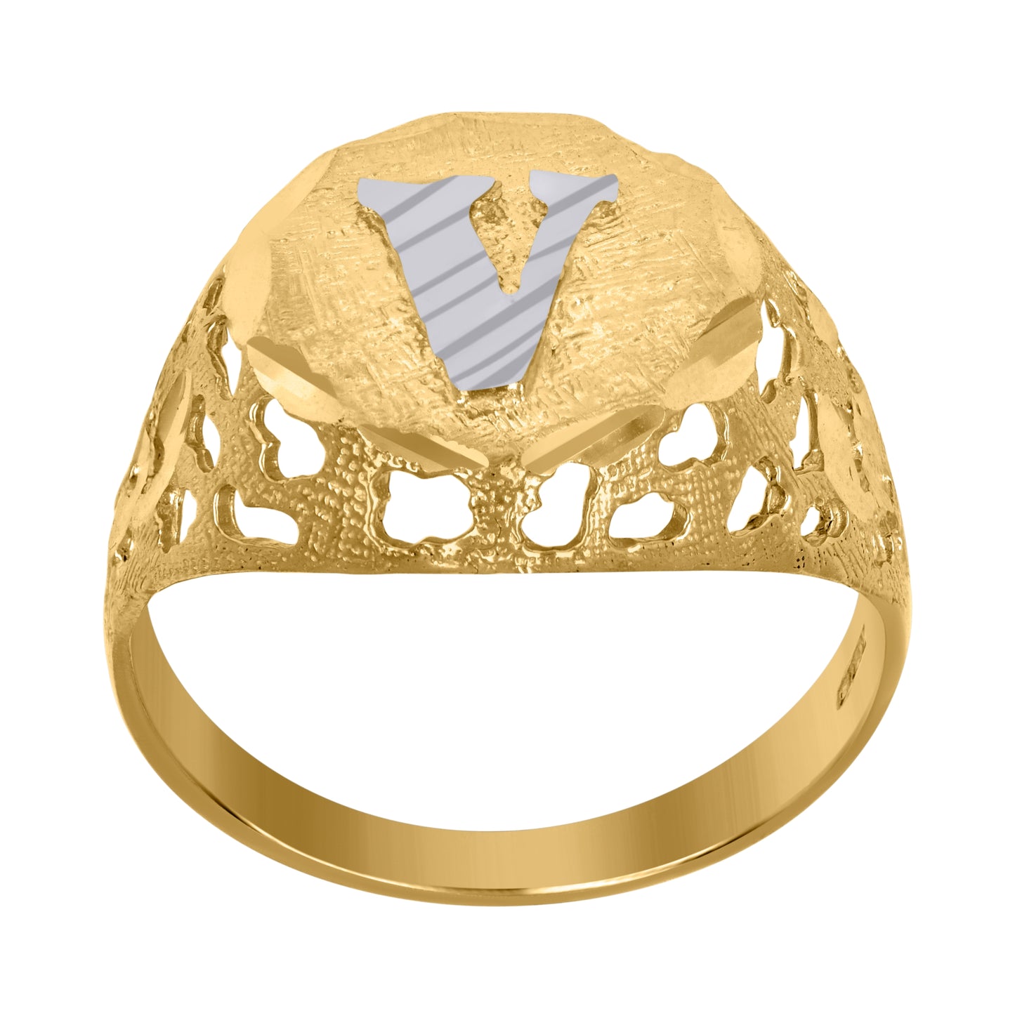 10K Two-Tone Gold Mens Diamond-Cut Textured Initial Letter Band Ring