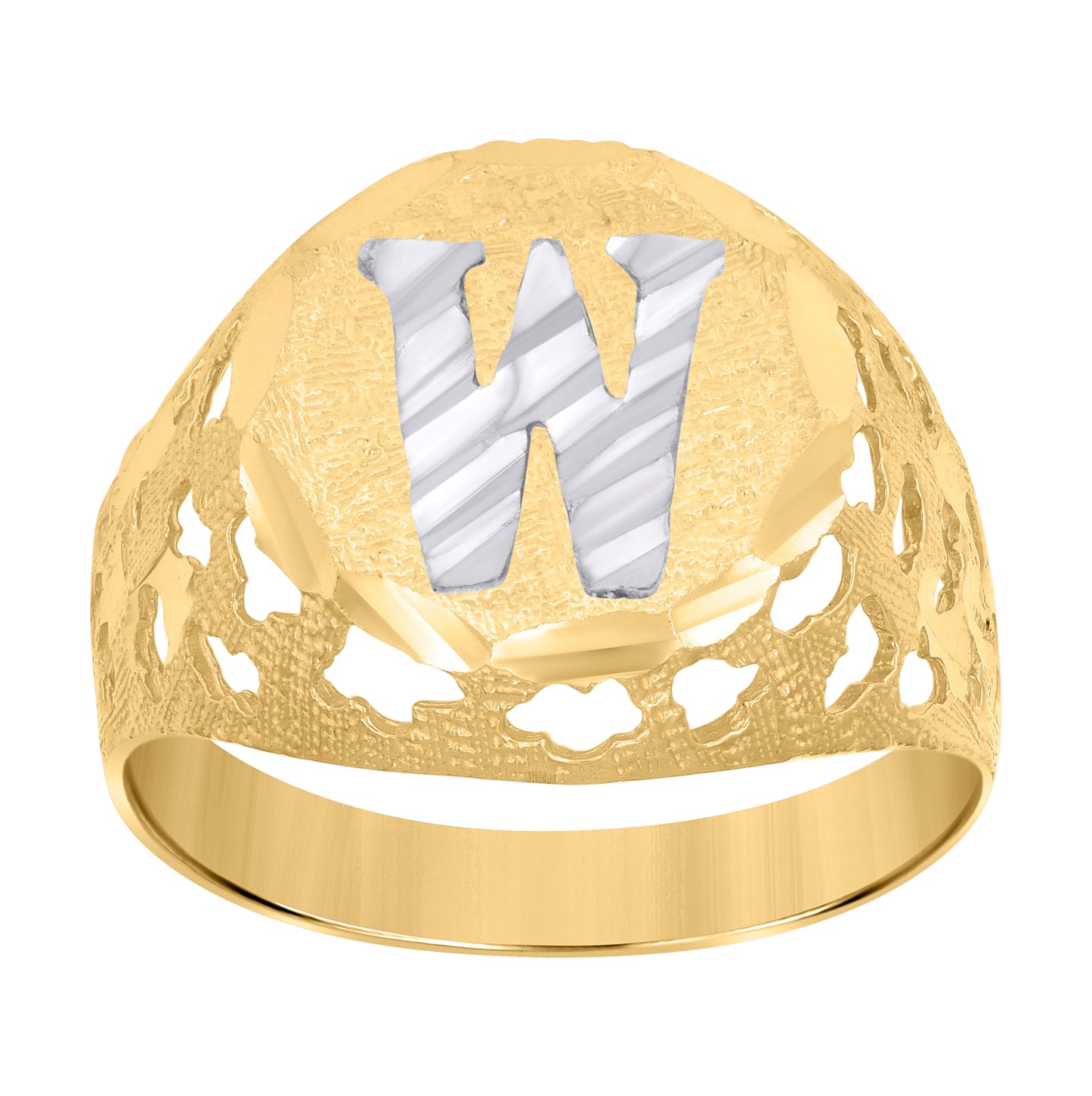 10K Two-Tone Gold Mens Diamond-Cut Textured Initial Letter Band Ring