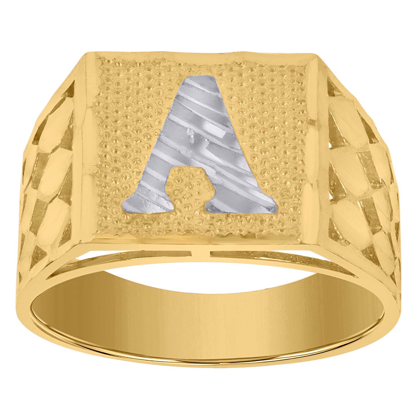 10K Two-Tone Gold Mens Diamond-Cut Textured Initial Letter Band Ring