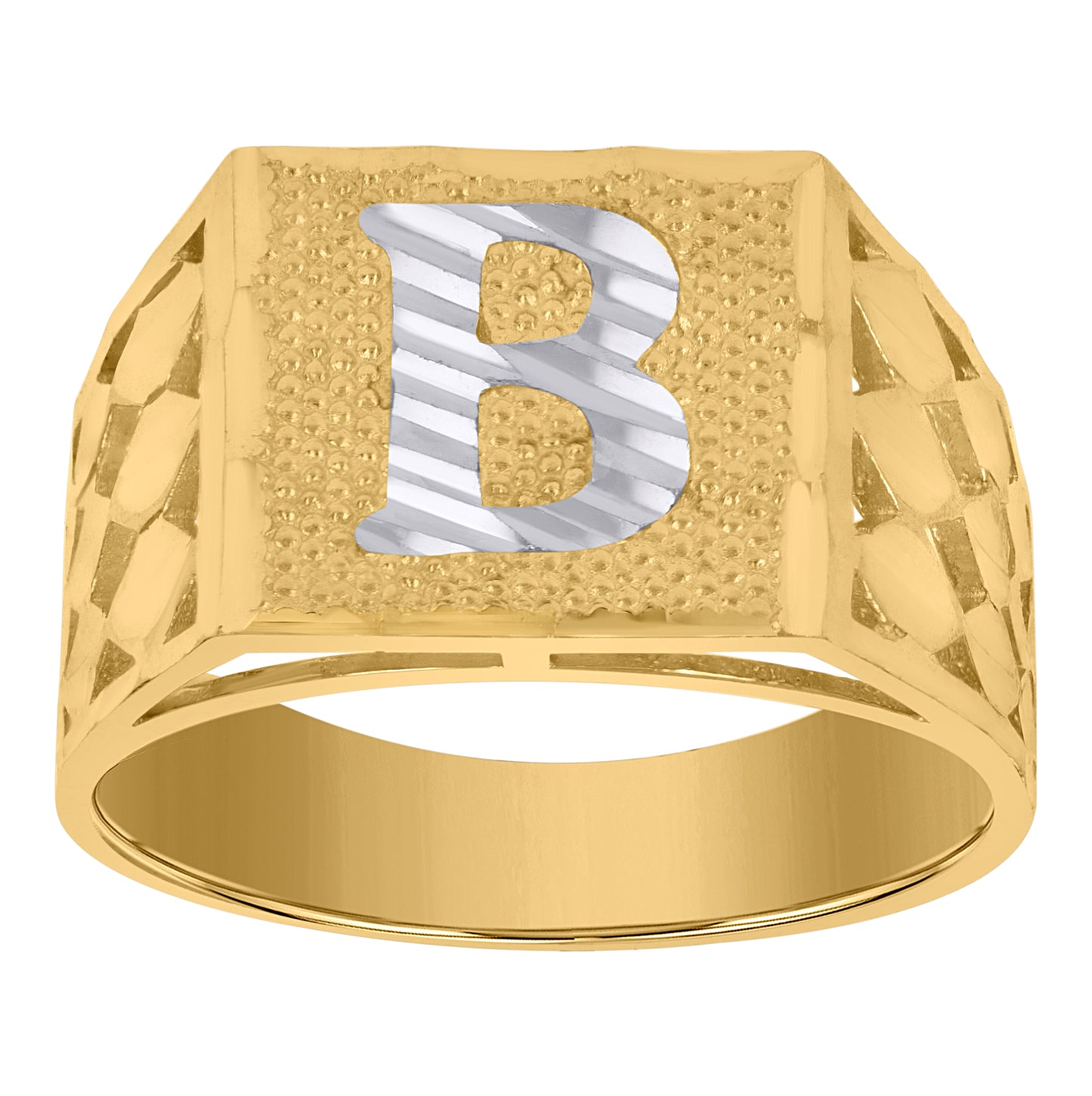 10K Two-Tone Gold Mens Diamond-Cut Textured Initial Letter Band Ring