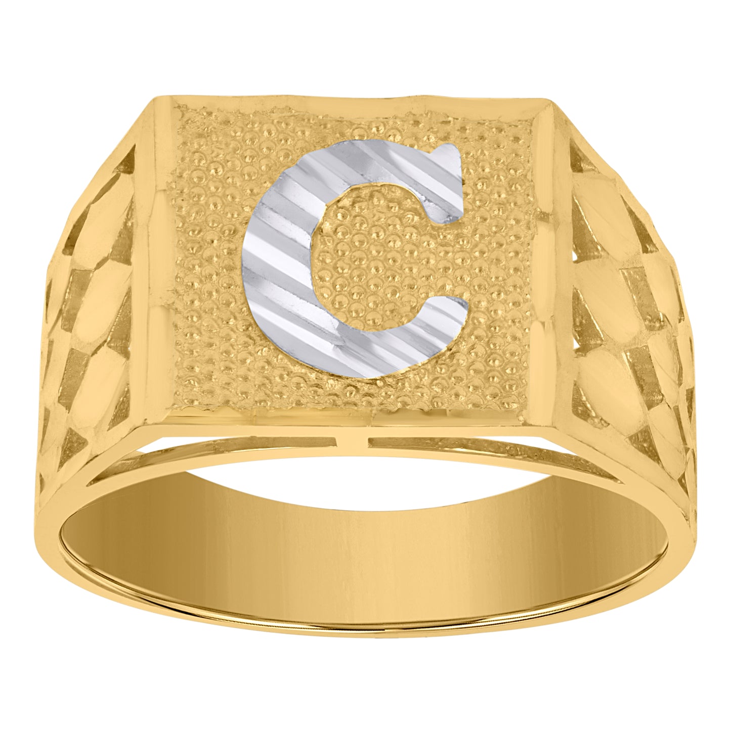 10K Two-Tone Gold Mens Diamond-Cut Textured Initial Letter Band Ring