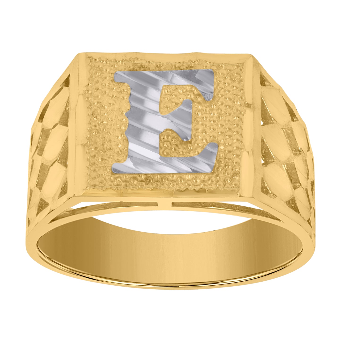 10K Two-Tone Gold Mens Diamond-Cut Textured Initial Letter Band Ring