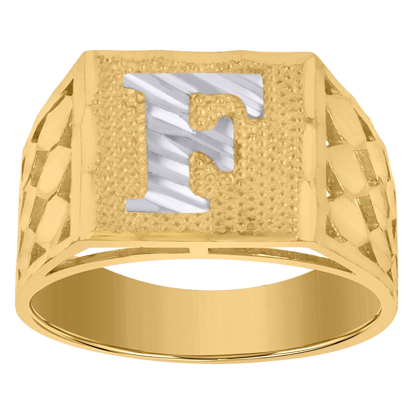 10K Two-Tone Gold Mens Diamond-Cut Textured Initial Letter Band Ring