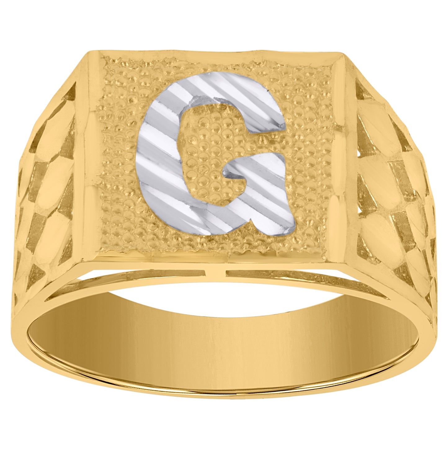 10K Two-Tone Gold Mens Diamond-Cut Textured Initial Letter Band Ring