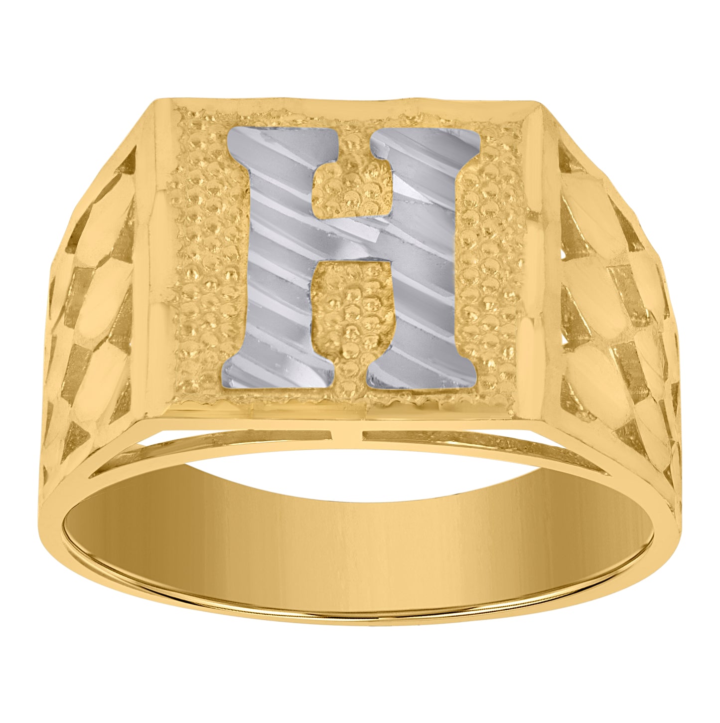 10K Two-Tone Gold Mens Diamond-Cut Textured Initial Letter Band Ring