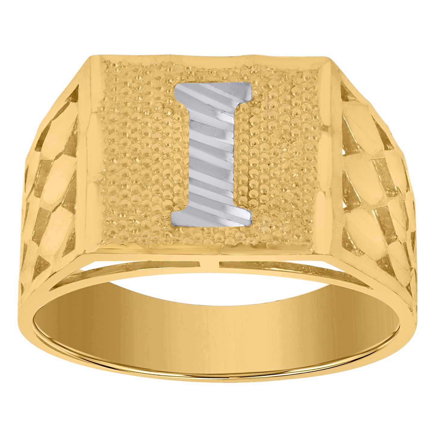 10K Two-Tone Gold Mens Diamond-Cut Textured Initial Letter Band Ring