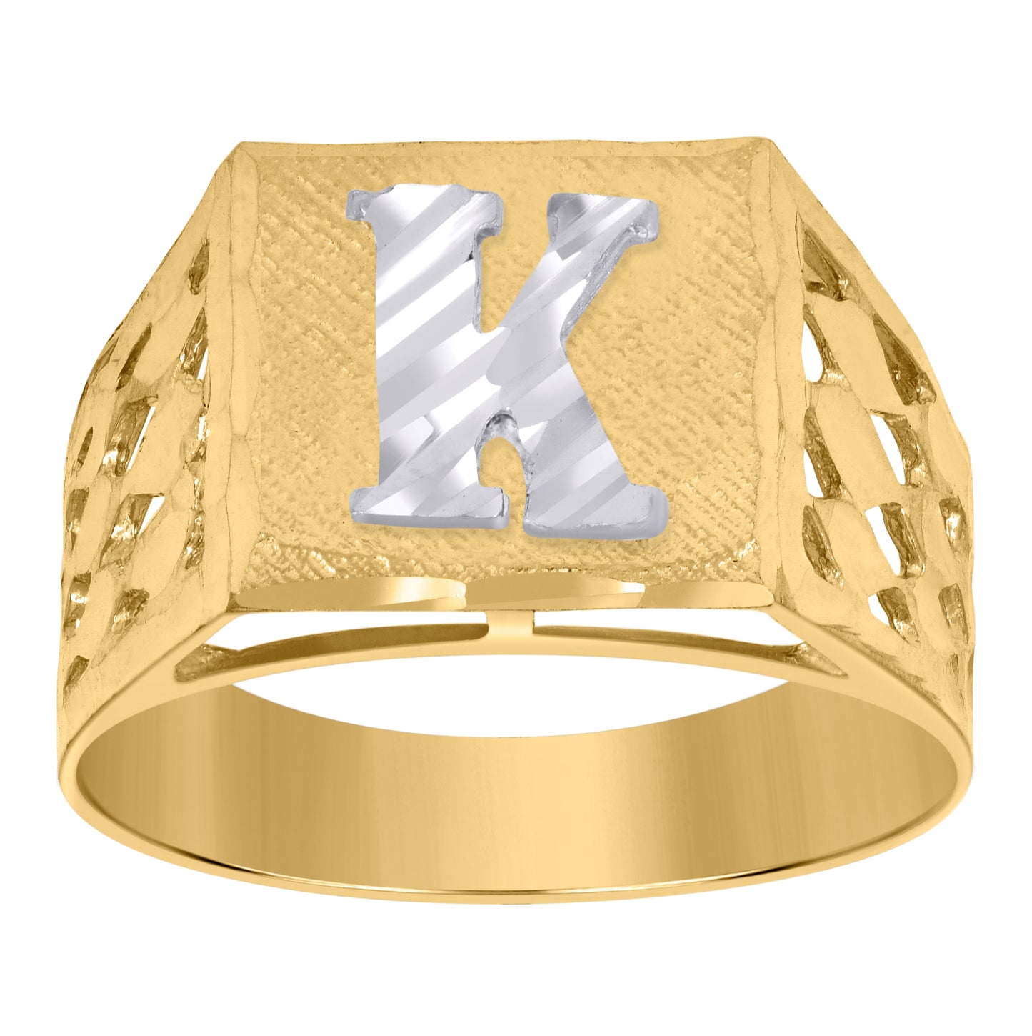 10K Two-Tone Gold Mens Diamond-Cut Textured Initial Letter Band Ring