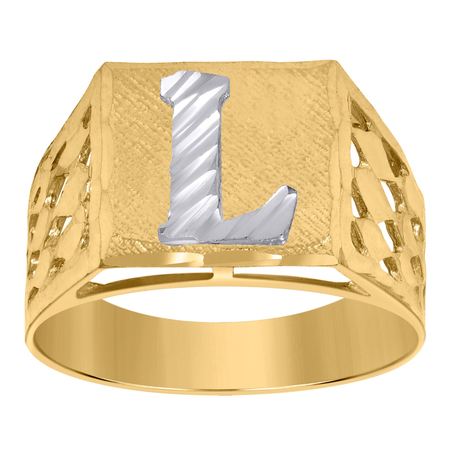 10K Two-Tone Gold Mens Diamond-Cut Textured Initial Letter Band Ring