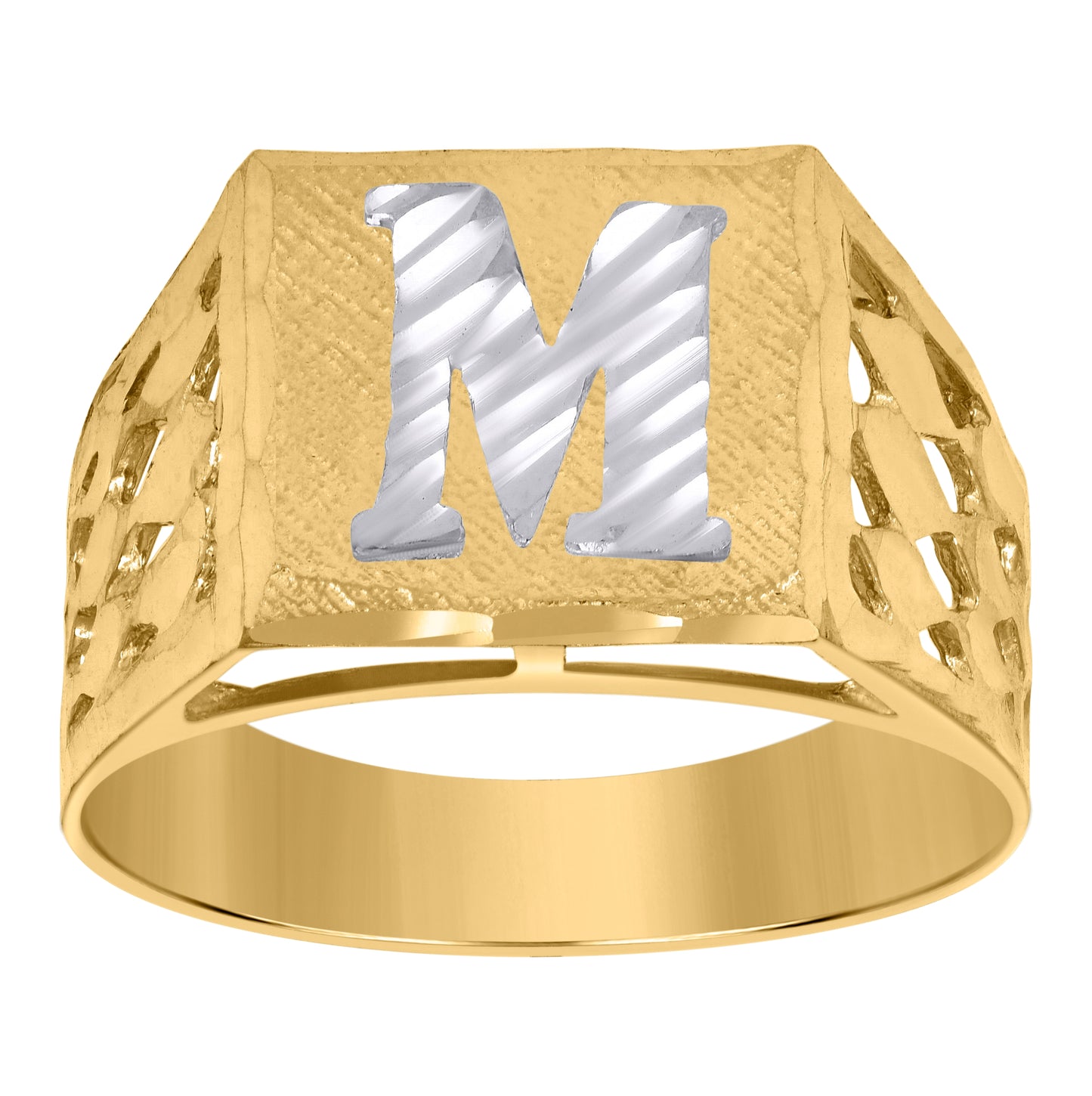 10K Two-Tone Gold Mens Diamond-Cut Textured Initial Letter Band Ring