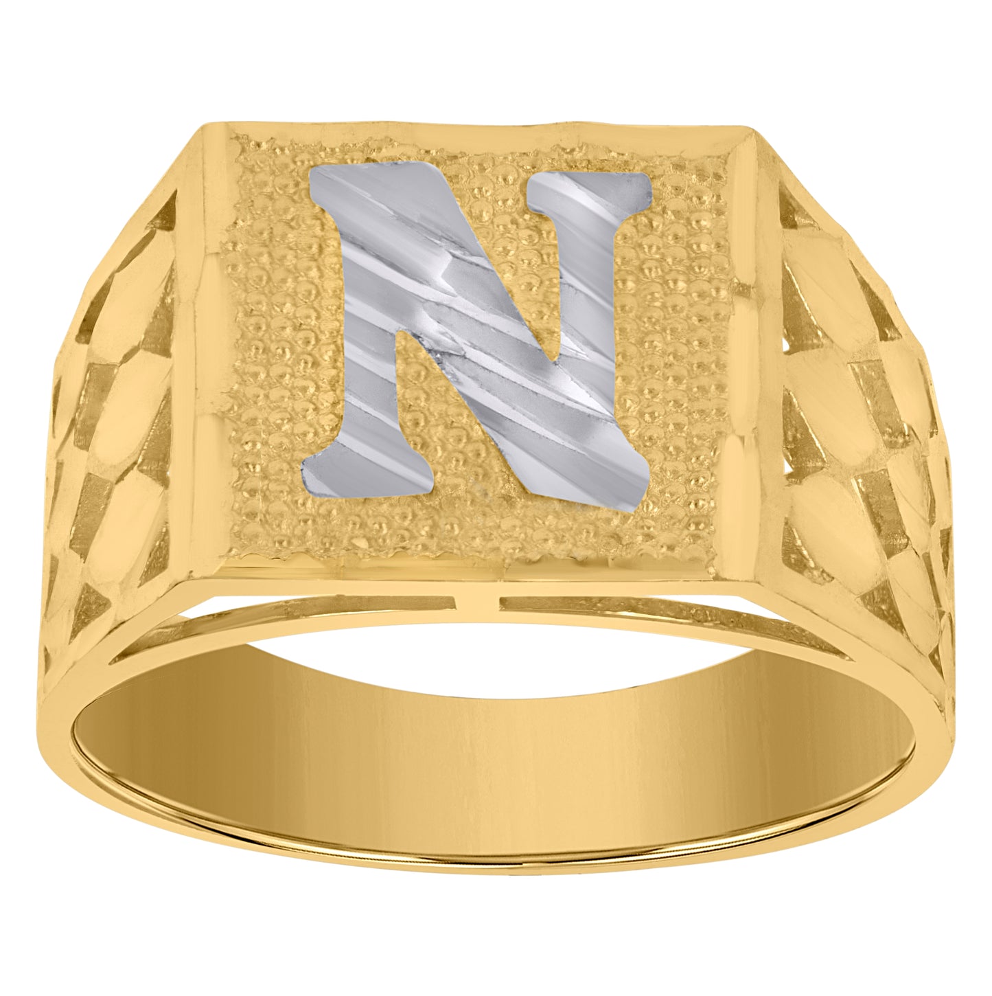 10K Two-Tone Gold Mens Diamond-Cut Textured Initial Letter Band Ring