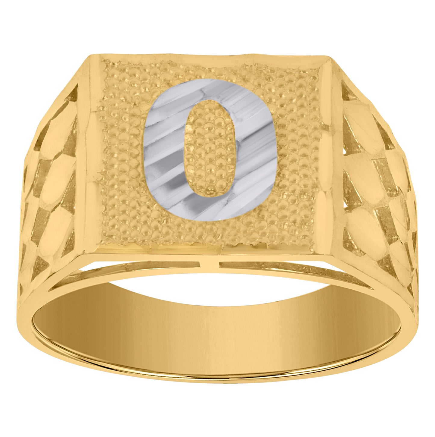10K Two-Tone Gold Mens Diamond-Cut Textured Initial Letter Band Ring