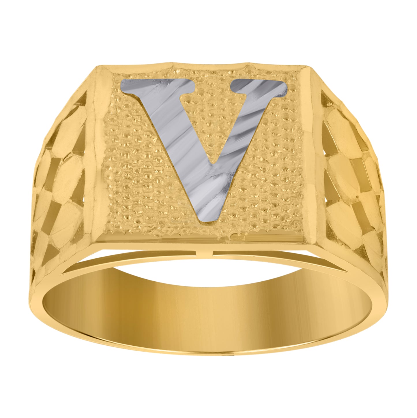 10K Two-Tone Gold Mens Diamond-Cut Textured Initial Letter Band Ring