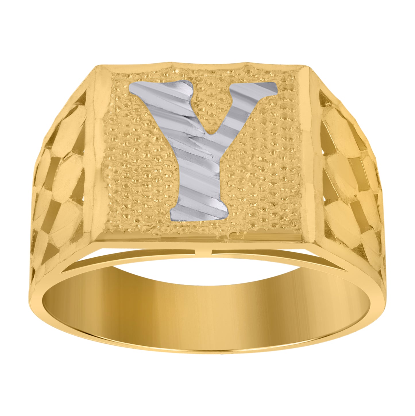 10K Two-Tone Gold Mens Diamond-Cut Textured Initial Letter Band Ring