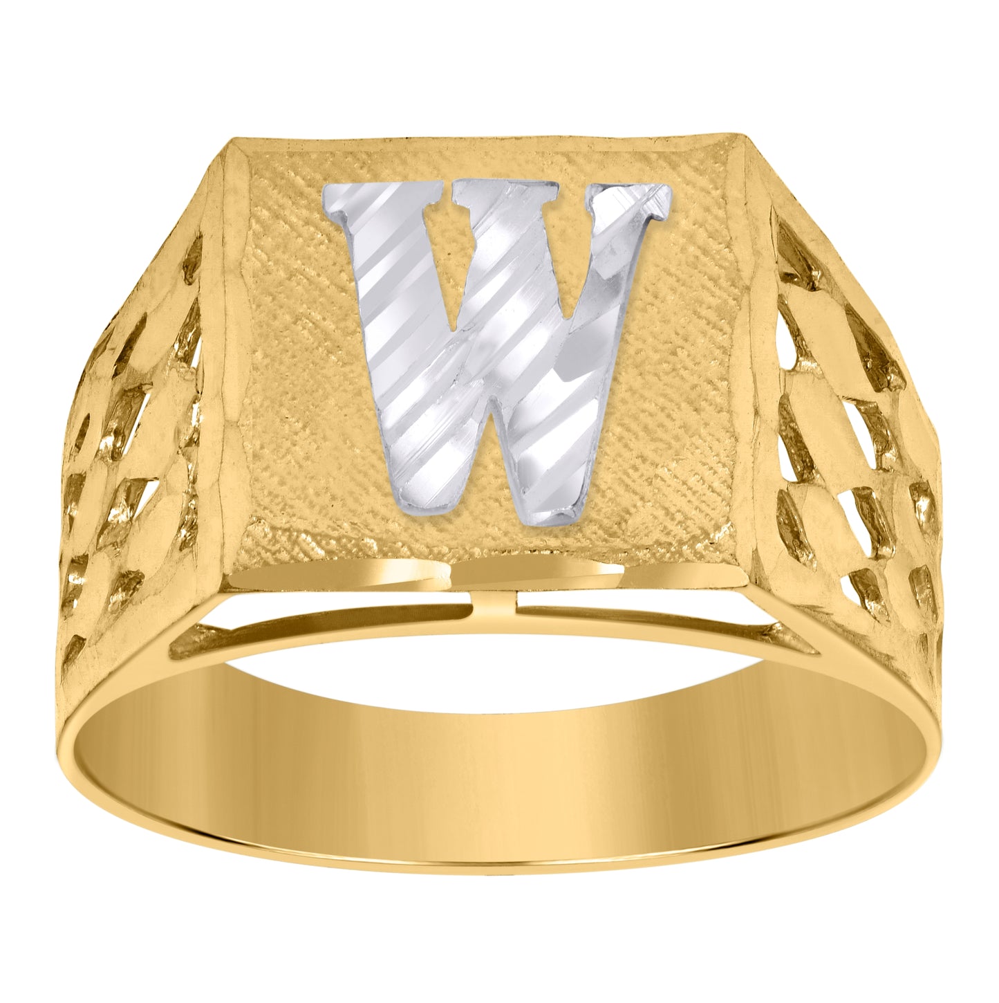 10K Two-Tone Gold Mens Diamond-Cut Textured Initial Letter Band Ring