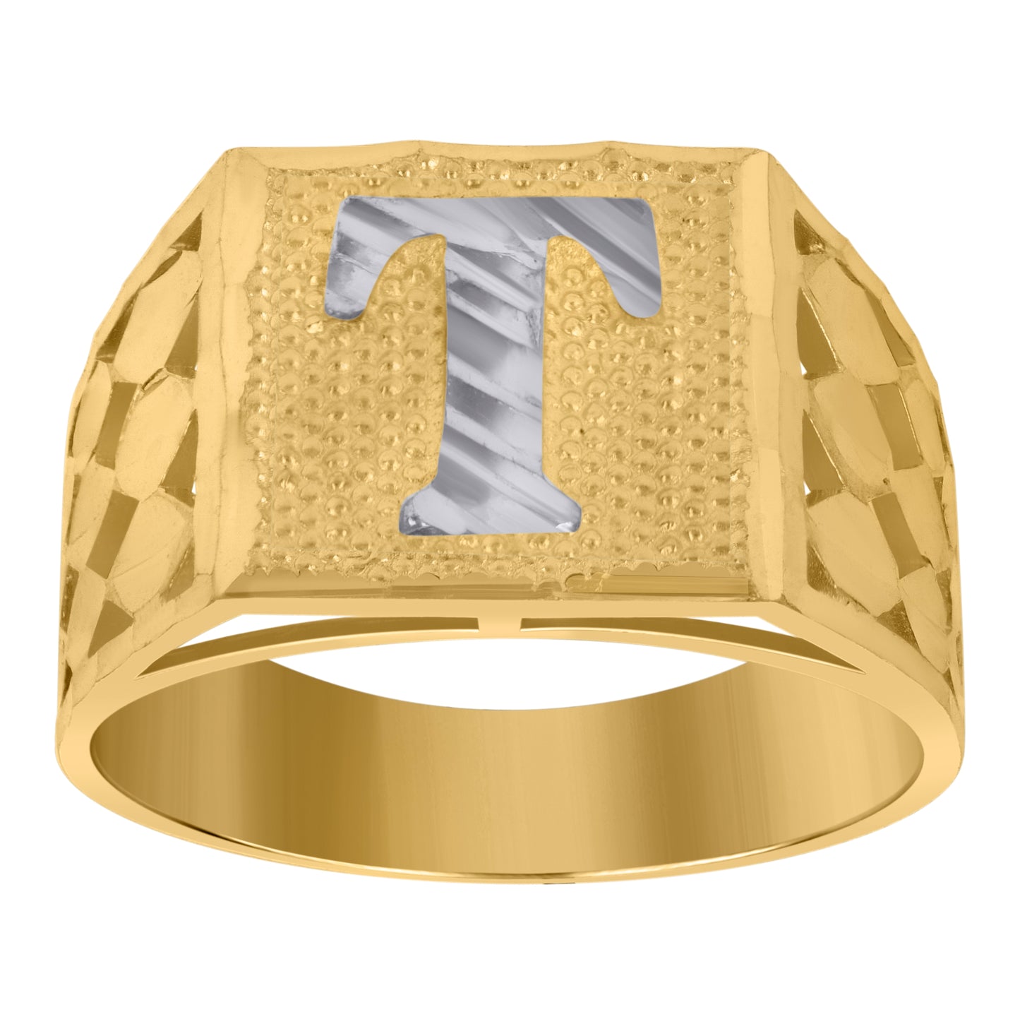 10K Two-Tone Gold Mens Diamond-Cut Textured Initial Letter Band Ring