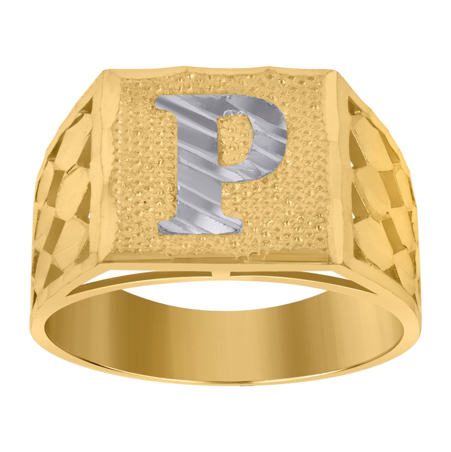 10K Two-Tone Gold Mens Diamond-Cut Textured Initial Letter Band Ring