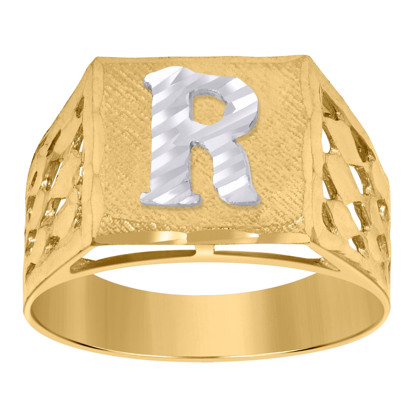 10K Two-Tone Gold Mens Diamond-Cut Textured Initial Letter Band Ring