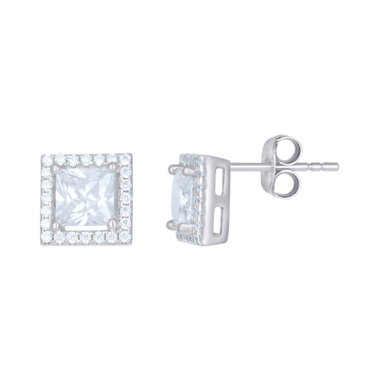 Sterling Silver Womens Cubic Zirconia Square Stud Earrings