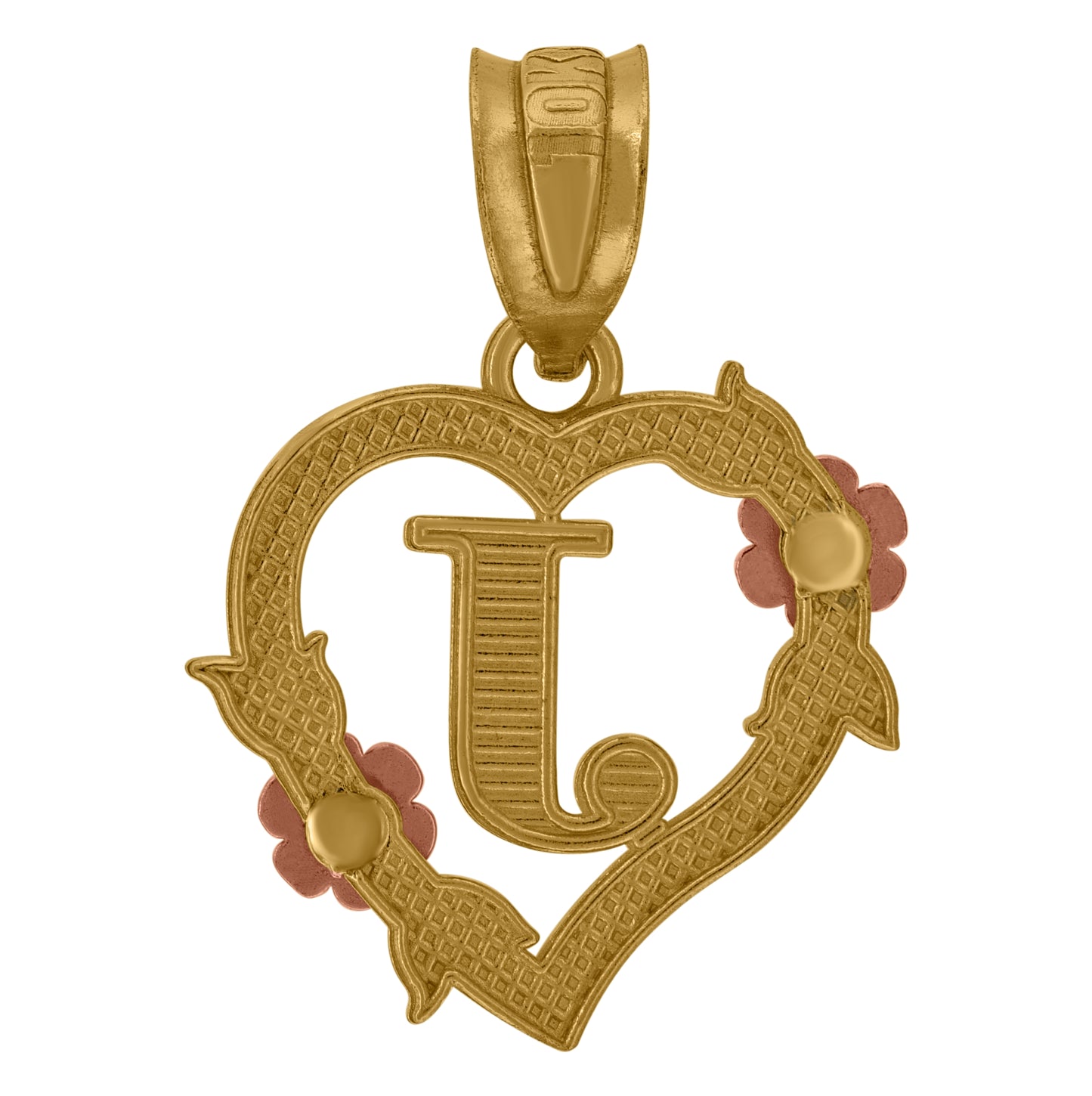 10K Two-Tone Gold Womens Heart Flower Initial Letter Charm Pendant