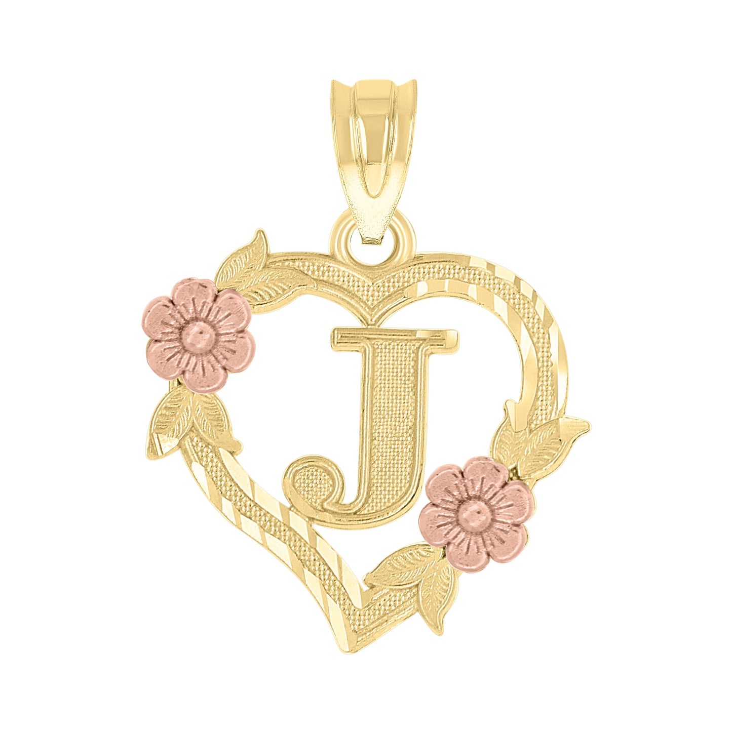 10K Two-Tone Gold Womens Heart Flower Initial Letter Charm Pendant