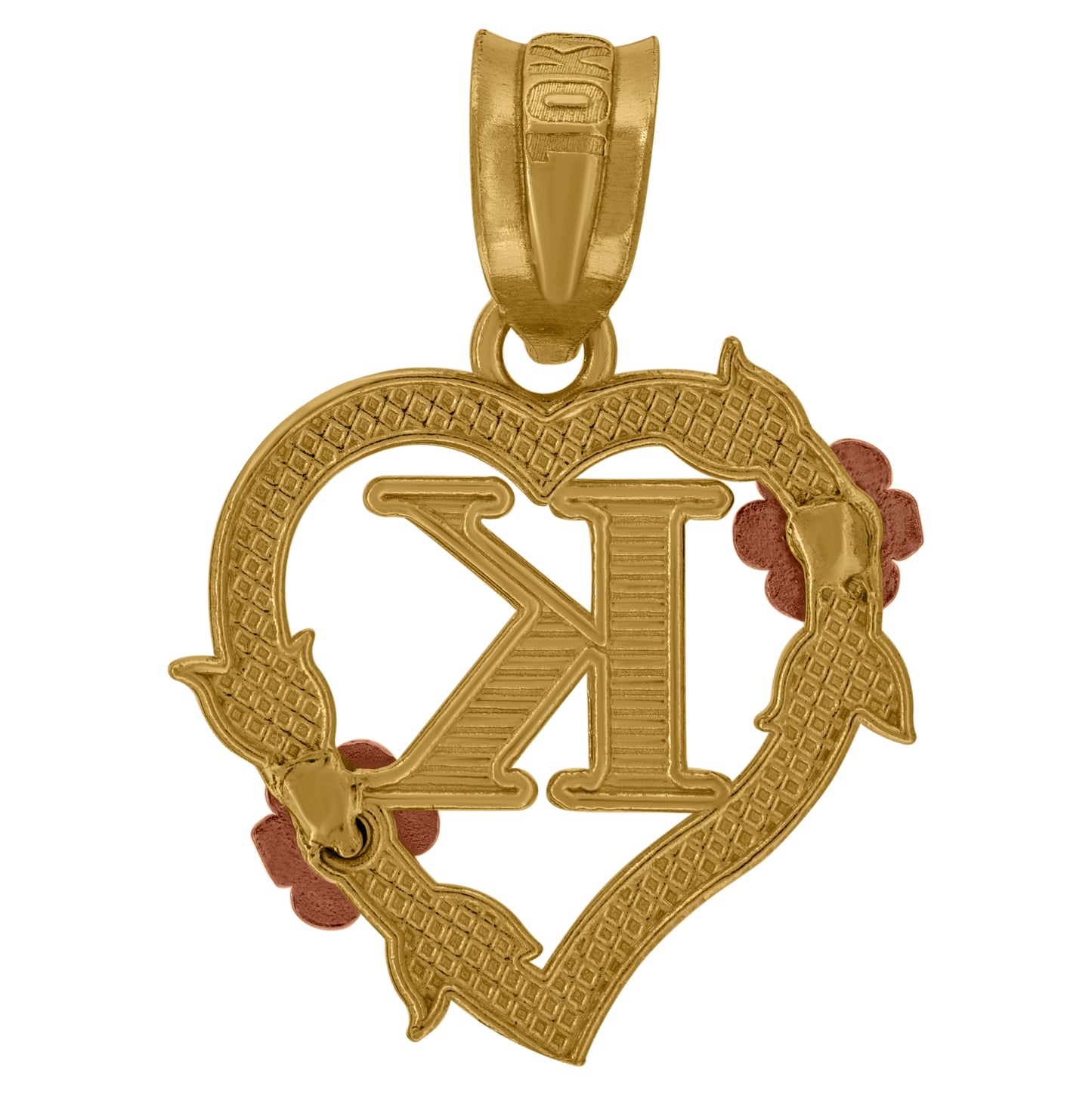 10K Two-Tone Gold Womens Heart Flower Initial Letter Charm Pendant