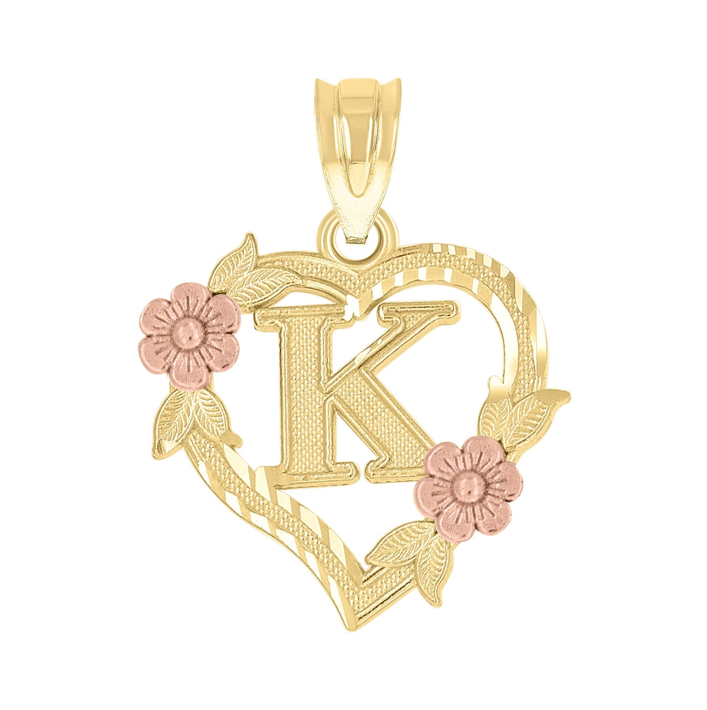 10K Two-Tone Gold Womens Heart Flower Initial Letter Charm Pendant