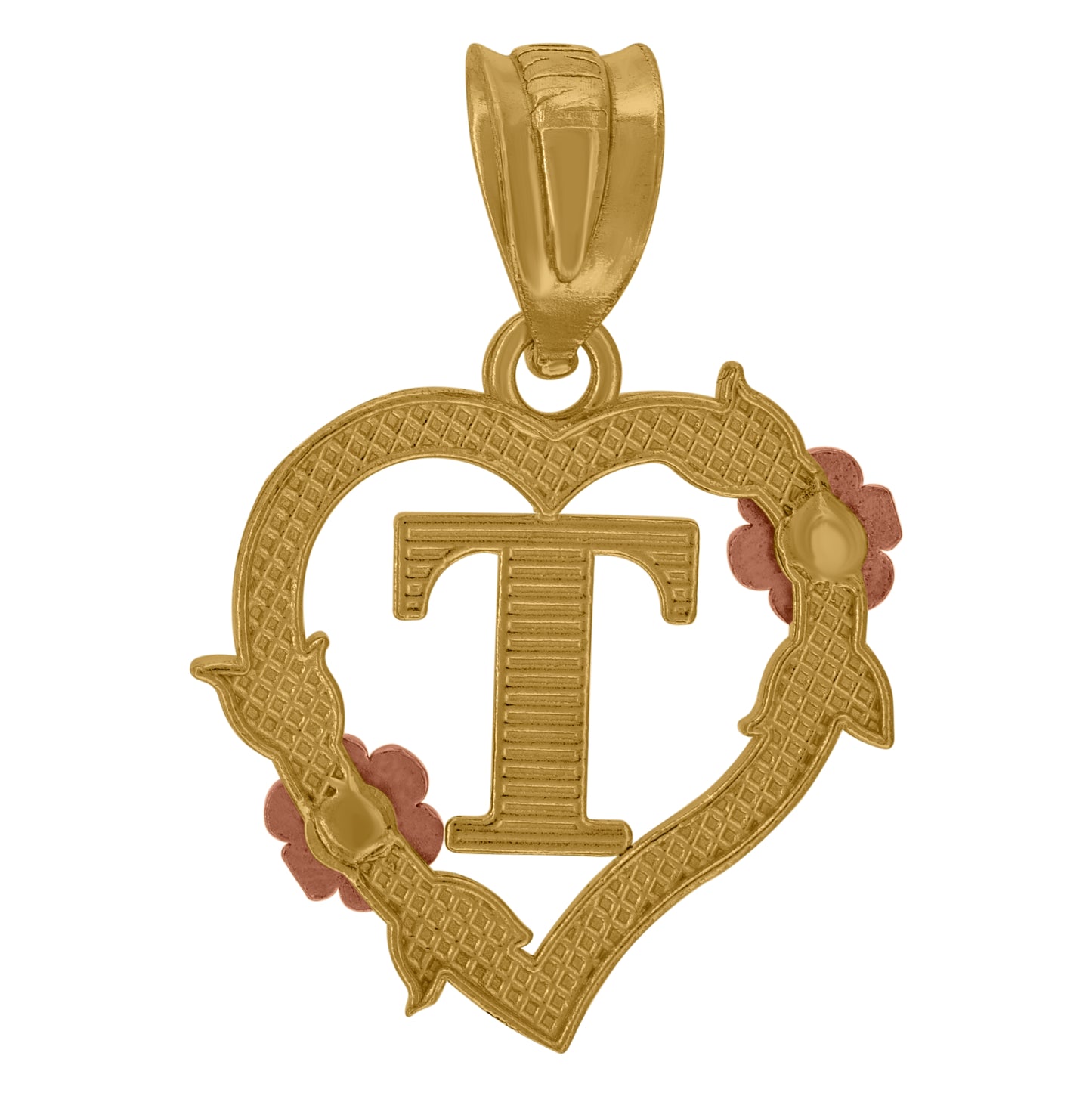 10K Two-Tone Gold Womens Heart Flower Initial Letter Charm Pendant