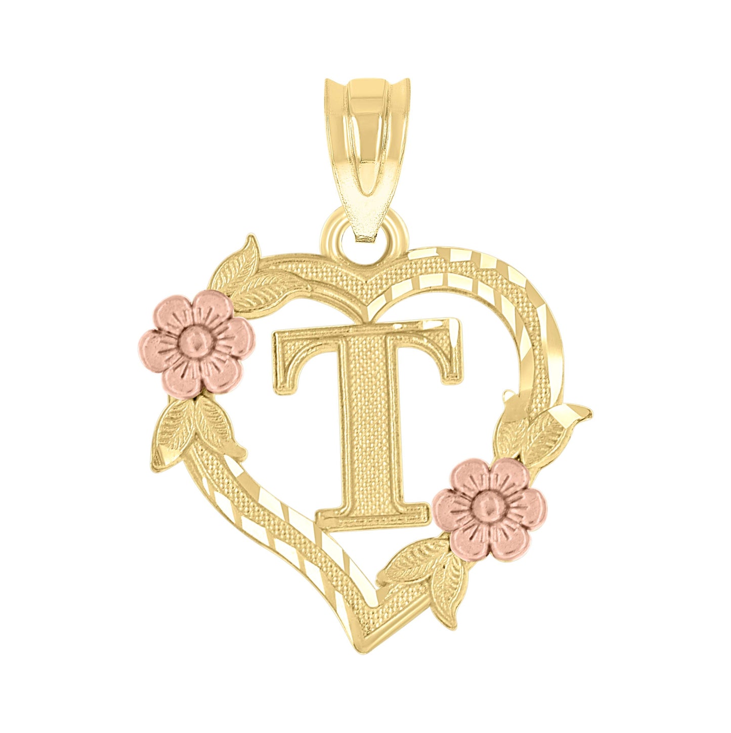 10K Two-Tone Gold Womens Heart Flower Initial Letter Charm Pendant