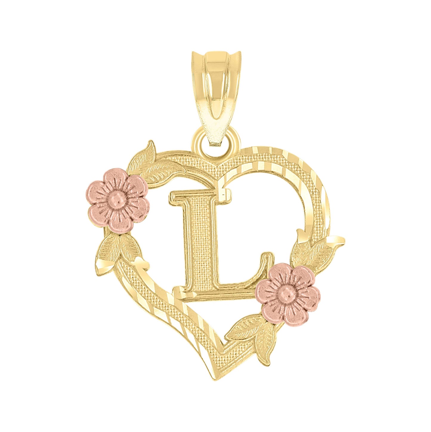 10K Two-Tone Gold Womens Heart Flower Initial Letter Charm Pendant