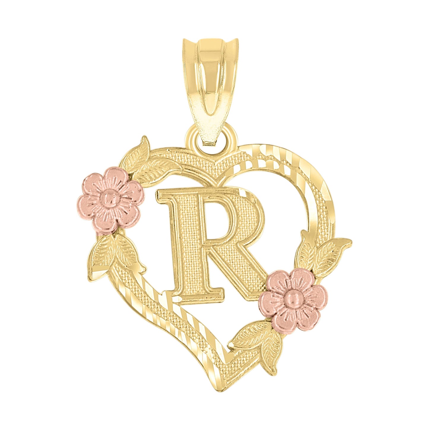 10K Two-Tone Gold Womens Heart Flower Initial Letter Charm Pendant