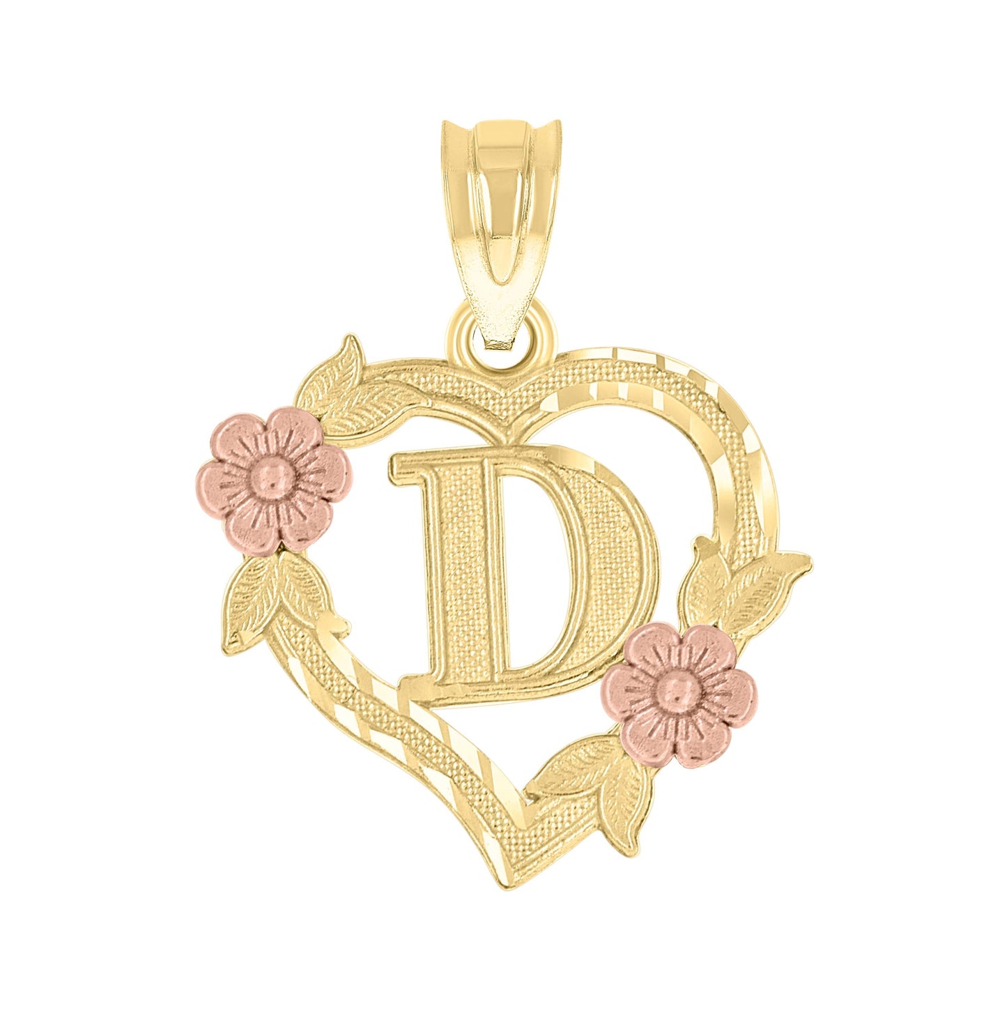 10K Two-Tone Gold Womens Heart Flower Initial Letter Charm Pendant