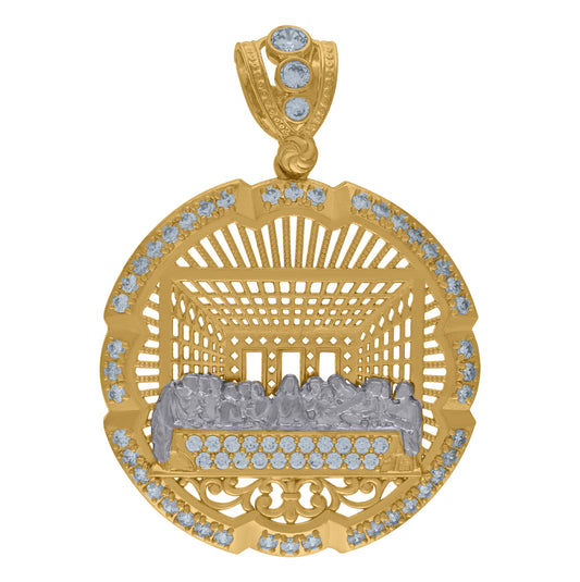10K Two-Tone Gold Mens Cubic Zirconia Last Supper Medallion Religious Charm Pendant