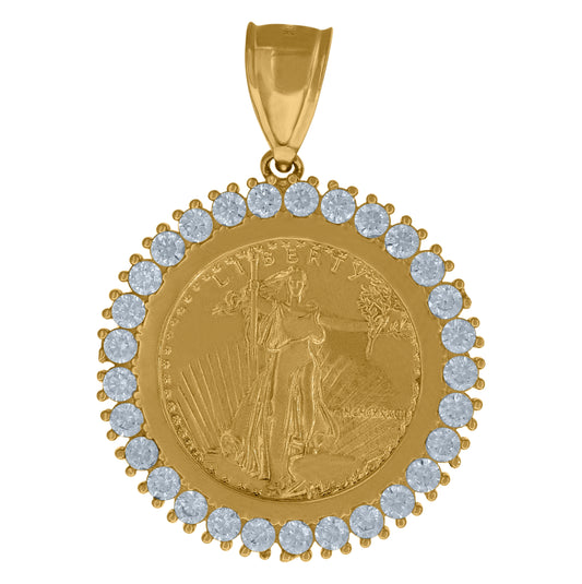 10K Yellow Gold Mens Cubic Zirconia Lady Of Liberty Medallion Charm Pendant